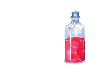 watercolor turquoise glass bottle with drops of blood. Halloween items. Vampire food.