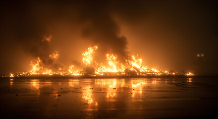 Burning Fire with Reflections on Ground at Night
