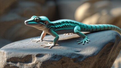 Naklejka premium Photorealistic image of a gecko walking on smooth rock