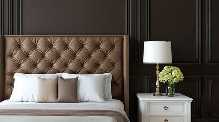 Luxurious bedroom featuring tufted brown headboard, elegant white bedding, and stylish nightstand with lamp and fresh flowers, creating serene and inviting atmosphere