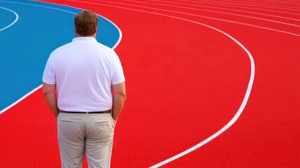 Man Watching Colorful Running Track with Bold Curves and Lines