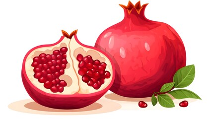 Detailed flat vector illustration of a single pomegranate with half isolated on white background