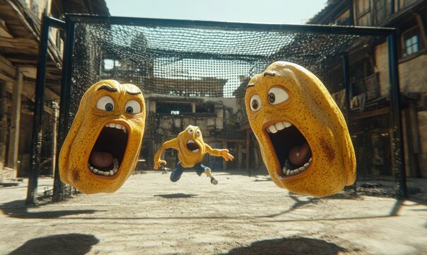 Cartoon fruit soccer players in ruined city; goal celebration