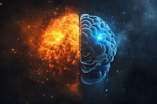Split-brain concept showing fiery and icy brain halves, symbolising duality in thought and emotion