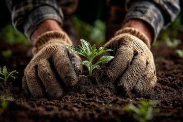 Hands in gardening gloves gently plant a young seedling in fertile soil, illustrating nature, growth, and care.