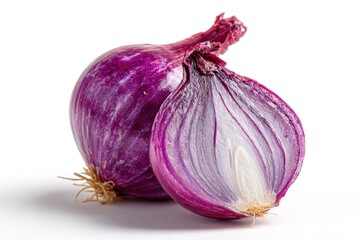 Halved purple onion reveals vibrant layers, showcasing its freshness and flavor
