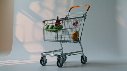 Photorealistic image of a folding grocery cart with telescopic handle and collapsible frame in a studio setting