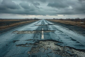 The close up picture of the pothole on the broken road with cracked and hole on street, the pothole is the type of road defect characterized by the depression or hollow in surface of a roadway. AIG51.