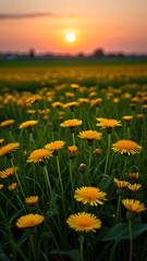 Obraz premium Golden Dandelion Field at Sunset: A Vibrant, Serene Natural Landscape