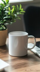 White Coffee Mug on Wooden Table with Green Plant in Background