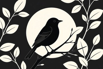 Serene black bird silhouette perched on branch moonlight backdrop elegant minimalist nature art