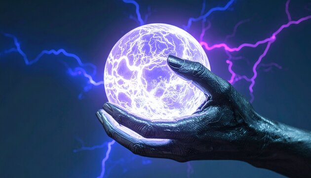 A steel hand balancing a glowing orb with electric veins, pulsating with alien energy