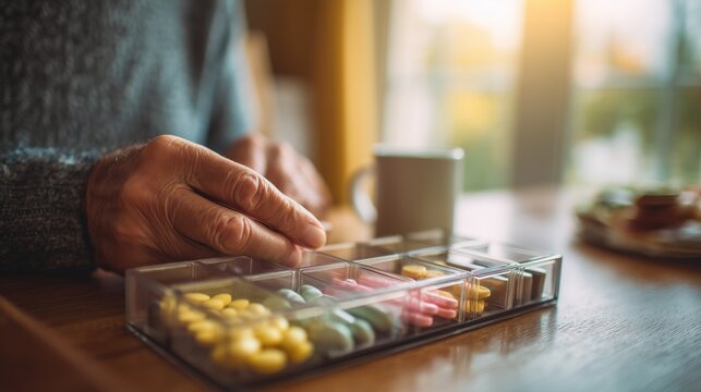Myasthenia Gravis Awareness Month. Person taking medication for Myasthenia Gravis management, pill organizer visible with daily medication, natural home setting