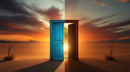 Two doors in a desert; one blue, one reveals a vibrant landscape, symbolizing choice and transformation