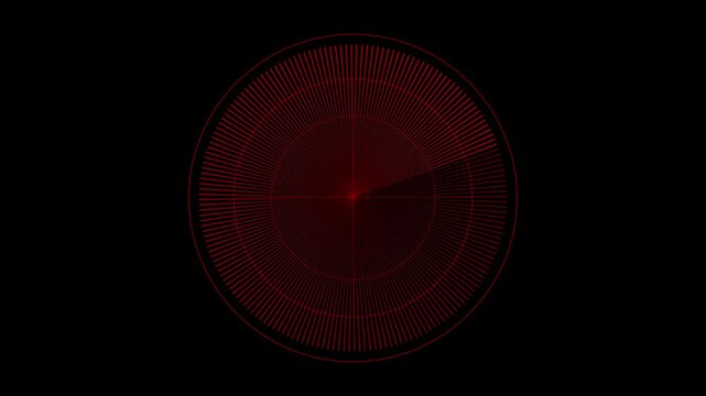 Radar screen animation on black background.Radar point to detect enemy position. Red color Radar Hud technology signal waves animated. Location searching\detection Military surveillance technology. 4k