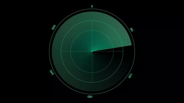 Radar screen animation on black background.Radar point to detect enemy position. Radar Hud technology signal waves animated. Location searching\detection Military surveillance technology. 4k