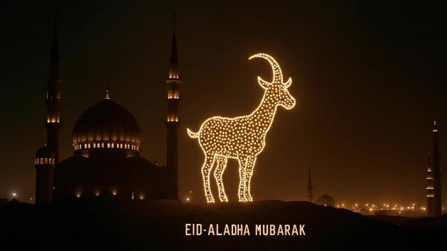 A close-up shot of a glowing goat silhouette against a softly illuminated mosque in the background. The camera gently zooms in on the goat, highlighting its sparkling details, while warm, festive ligh