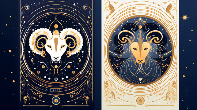Aries Zodiac Horoscope Golden Signs on Dark Navy Background with White Glow