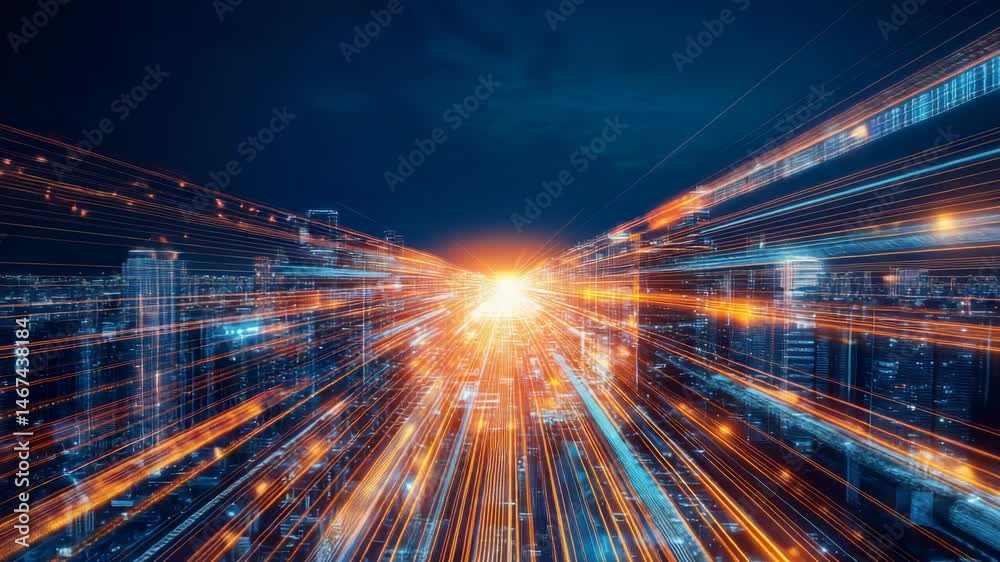 Poster Light trails intertwining with binary code form a vibrant, futuristic cityscape, illustrating rapid data transmission and seamless network connectivity in an urban night setting