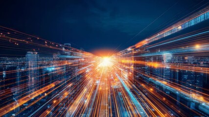 Light trails intertwining with binary code form a vibrant, futuristic cityscape, illustrating rapid data transmission and seamless network connectivity in an urban night setting - Powered by Adobe