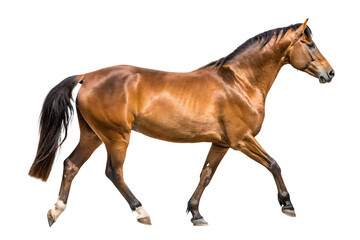 Obraz premium A majestic brown horse with a shiny coat walks forward isolated on white background 