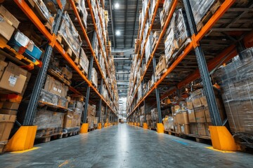 Perspective View of Tall Shelves Loaded with Boxes in Warehouse or Distribution Center Aisle for Storage Solutions