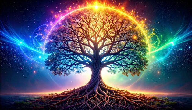 The majestic tree of life with strong roots and branches reaching to the sky was radiant, surrounded by colorful cosmic energy.