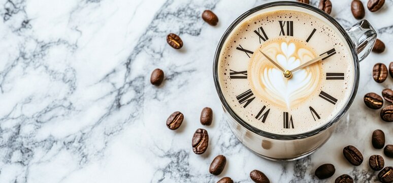 Coffee clock latte art on marble, beans around. Break time