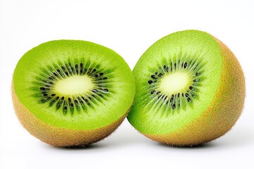 Fototapeta premium A fresh, green kiwi sliced in half, showing its vibrant green flesh and black seeds, placed on a white background