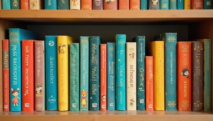 Neatly organized bookshelf with children's books, education, literature