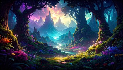 Obraz premium A magical fantasy landscape with lush forests, sparkling rivers, majestic mountains and surreal colorful skies.