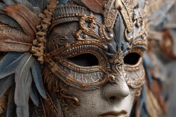 Obraz premium Ornate masquerade mask with golden filigree, decorative feathers, and cracked texture in soft, muted light.