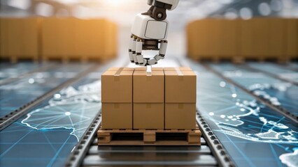 A robotic arm lifts a box from a pallet, showcasing automation in a warehouse setting with a digital map background.