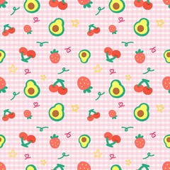 Seamless Fruit Pattern  on Pink Gingham Background