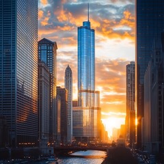Fototapeta premium Modern Urban Skyline Featuring Skyscrapers and Reflections at Sunset High Resolution Picture