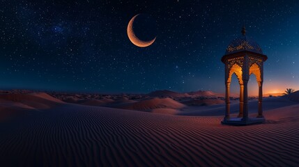 Serene Desert Landscape with Moon and Ornate Structure at Night