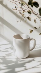 Fototapeta premium Minimalistic White Mug Surrounded by Soft Shadows and Greenery