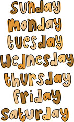 Cute name of the days text alphabet letters doodle kids earth tone color illustration outline journal date daily weekly calendar planner clipart poster wall art sunday monday friday saturday friday