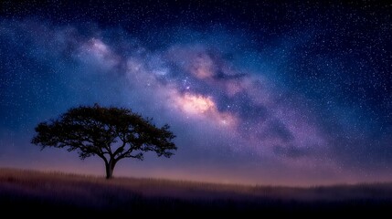 Lone Tree under Milky Way Galaxy Night Sky.