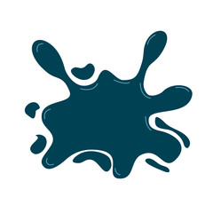 Fluid splatter with glossy surface and droplets scattered around. Smooth abstract curved liquid blob shape. Modern design element for creative backgrounds or decorative purposes