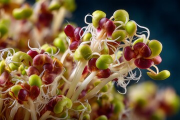 Intricate cluster of fresh alfalfa sprouts exhibits varied colors, delicate roots and dense grouping against dark background