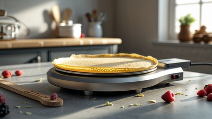 Photorealistic image of a electric crepe maker with wooden spreader in a studio setting