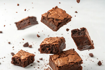 Floating chocolate brownies with their characteristic dark brown hue and cracked tops are isolated on a white background, ideal for food blogs and recipe illustrations.
