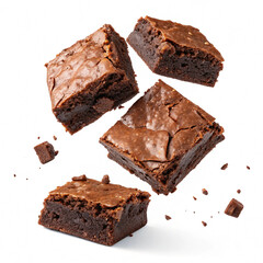 The image showcases multiple chocolate brownies with a tempting dark color and slightly cracked surfaces, suspended in a simple studio setting.