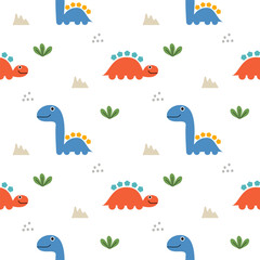 Dinosaur blue and red cartoon so cute. On grass mountain white background. Pattern seamless vector illustration. 