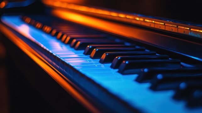 Close-up piano keys illuminated by vibrant, contrasting colors