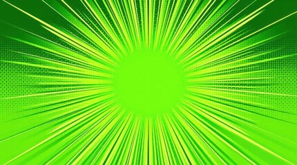 Obraz premium Vibrant green radial burst, comic-style, speed lines, halftone background
