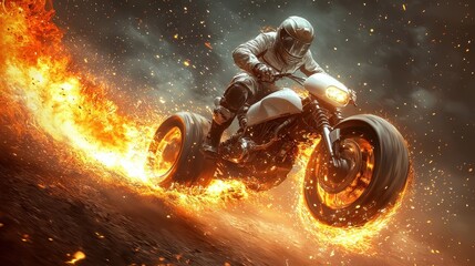 Motorcycle speed demon races through a blazing inferno landscape