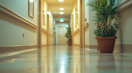 Obraz premium Well-lit, clean hospital corridor with potted plants