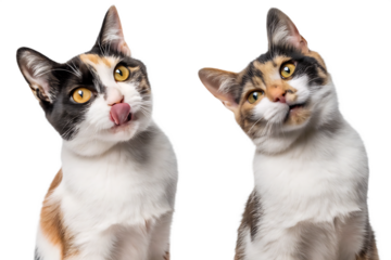 Funny face of two calico cats looking at camera isolated on white background PNG